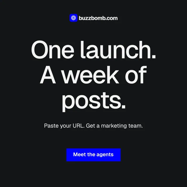 Instagram post for BuzzBomb: "One launch. A week of posts.". Swiss style, centred layout, dark palette in black, grey.