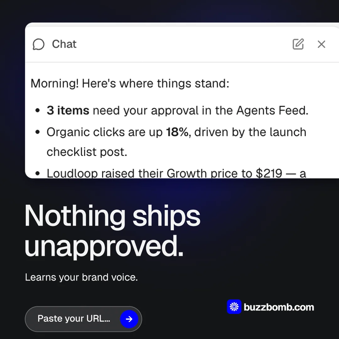 Instagram post for BuzzBomb: "Nothing ships unapproved.". Agentic glass style, bottom layout, light palette in white, black, grey.