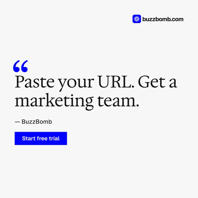 Instagram post for BuzzBomb: "One launch. A week of posts.". Swiss style, quote layout, light palette in white, blue.