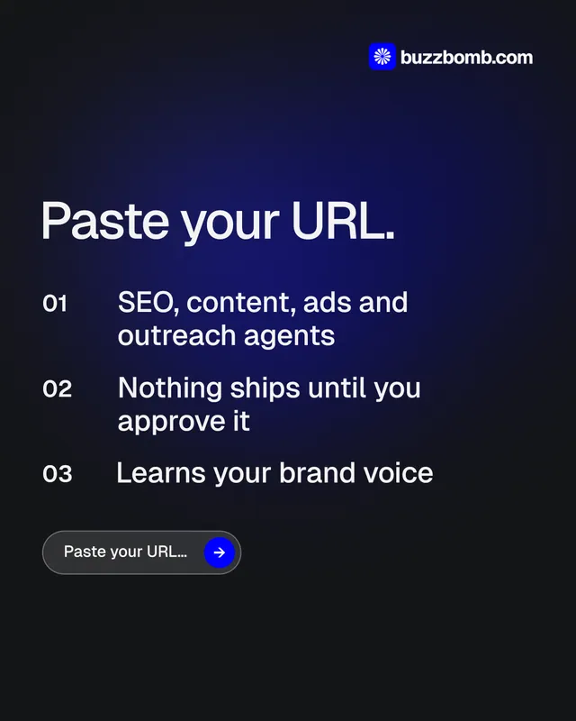 Instagram portrait post for BuzzBomb: "Paste your URL.". Agentic glass style, numbered layout, dark palette in black, blue.