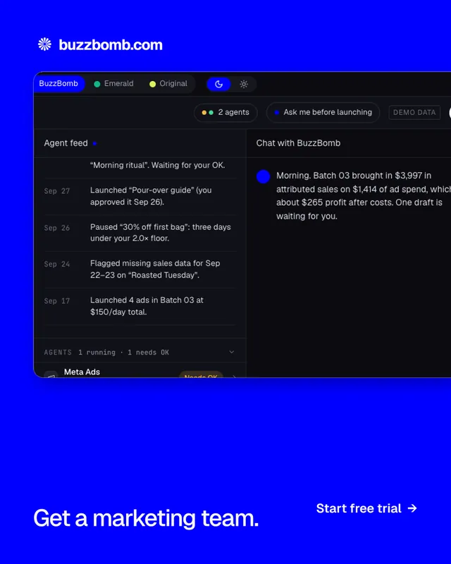 Instagram portrait post for BuzzBomb: "Get a marketing team.". Split block style, image led layout, dark palette in blue, black.