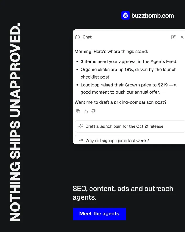 Instagram portrait post for BuzzBomb: "Nothing ships unapproved.". Brutalist style, vertical layout, dark palette in black, grey.
