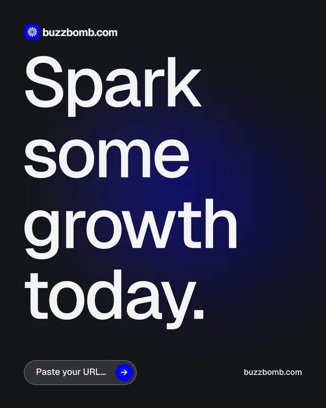 Instagram portrait post for BuzzBomb: "Spark some growth today.". Agentic glass style, poster layout, dark palette in black, blue, grey.