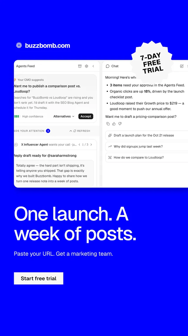 Instagram story for BuzzBomb: "One launch. A week of posts.". Swiss style, sticker layout, dark palette in blue, white.