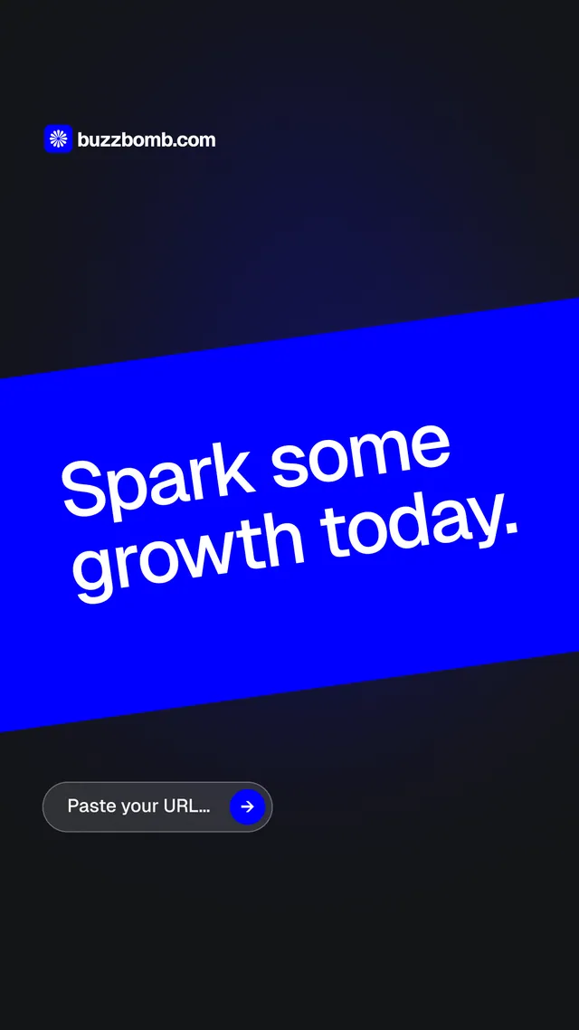Instagram story for BuzzBomb: "Spark some growth today.". Agentic glass style, diagonal layout, dark palette in black, blue.
