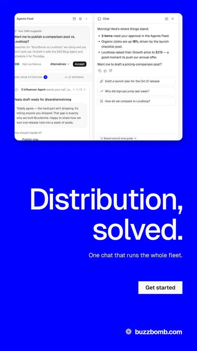 Instagram story for BuzzBomb: "Distribution, solved.". Split block style, right layout, dark palette in blue, white.