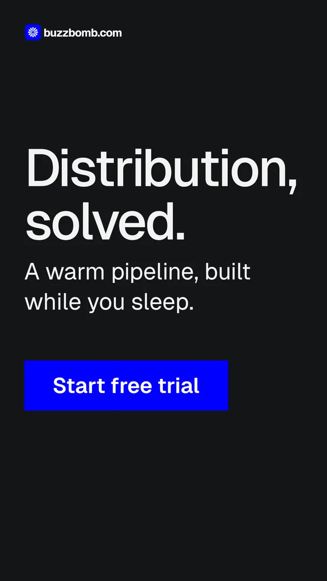 Instagram story for BuzzBomb: "Distribution, solved.". Swiss style, skeleton layout, dark palette in black, grey.