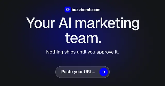 Social ad for BuzzBomb: "Your AI marketing team.". Agentic glass style, centred layout, dark palette in black, blue, grey.