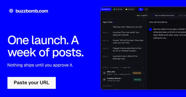Social ad for BuzzBomb: "One launch. A week of posts.". Swiss style, bottom layout, dark palette in blue, black.