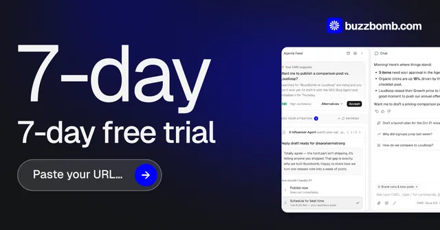Social ad for BuzzBomb: "Distribution, solved.". Agentic glass style, stat layout, dark palette in black, blue, white.