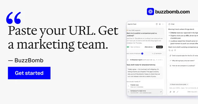 Social ad for BuzzBomb: "Paste your URL.". Swiss style, quote layout, light palette in white, blue.