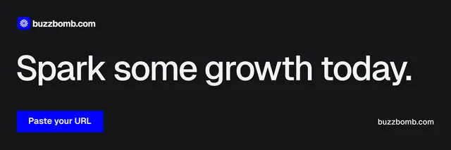 X header for BuzzBomb: "Spark some growth today.". Swiss style, poster layout, dark palette in black, grey.