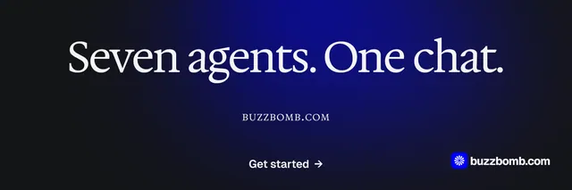 X header for BuzzBomb: "Seven agents. One chat.". Agentic glass style, smallcaps layout, dark palette in black, blue.