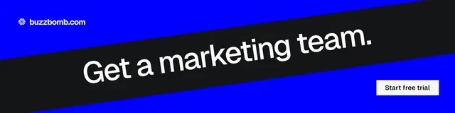 LinkedIn banner for BuzzBomb: "Get a marketing team.". Split block style, diagonal layout, dark palette in blue, black, grey.