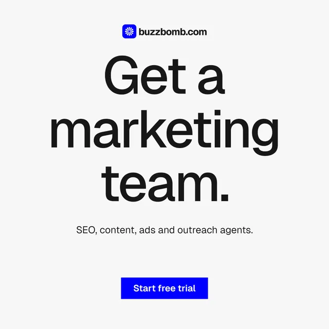 Instagram post for BuzzBomb: "Get a marketing team.". Swiss style, centred layout, light palette in white, blue.