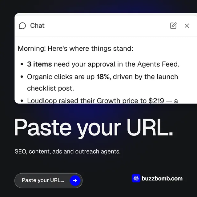 Instagram post for BuzzBomb: "Paste your URL.". Agentic glass style, bottom layout, light palette in black, white, grey.