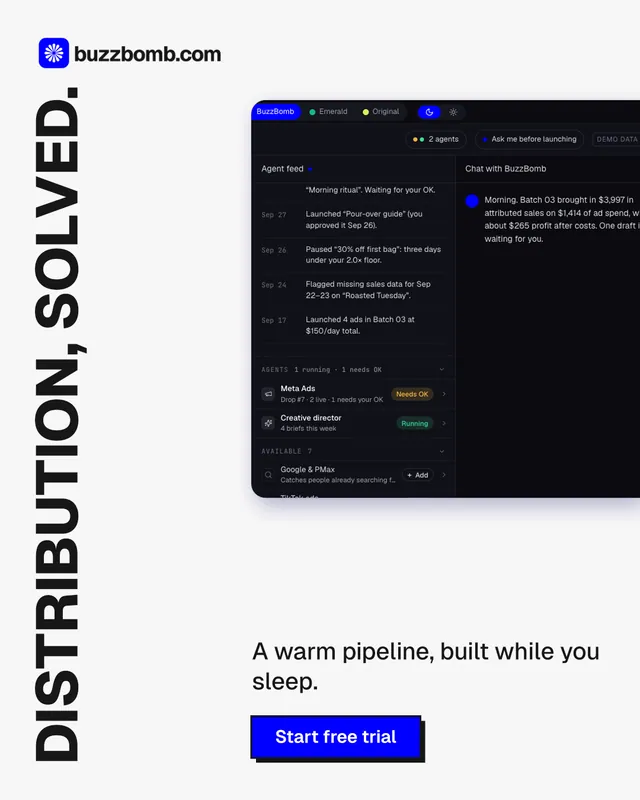 Instagram portrait post for BuzzBomb: "Distribution, solved.". Brutalist style, vertical layout, light palette in white, black, grey.