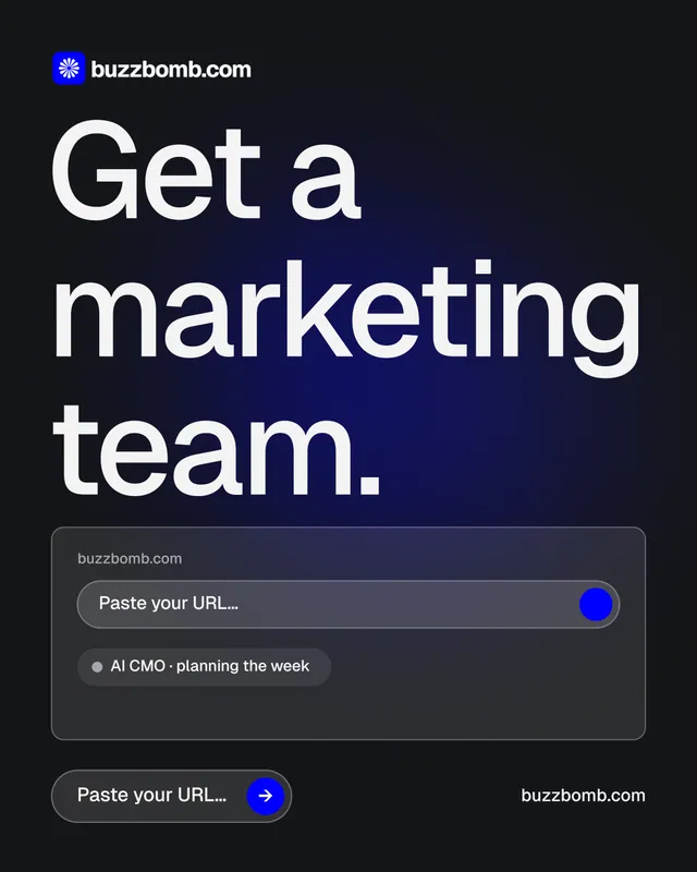 Instagram portrait post for BuzzBomb: "Get a marketing team.". Agentic glass style, poster layout, dark palette in black, blue, grey.