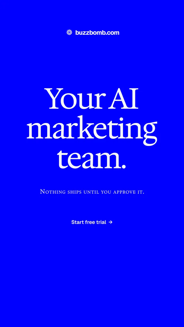 Instagram story for BuzzBomb: "Your AI marketing team.". Split block style, smallcaps layout, dark palette in blue.