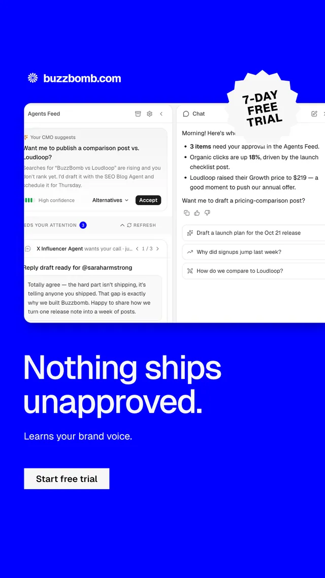 Instagram story for BuzzBomb: "Nothing ships unapproved.". Swiss style, sticker layout, dark palette in blue, white.