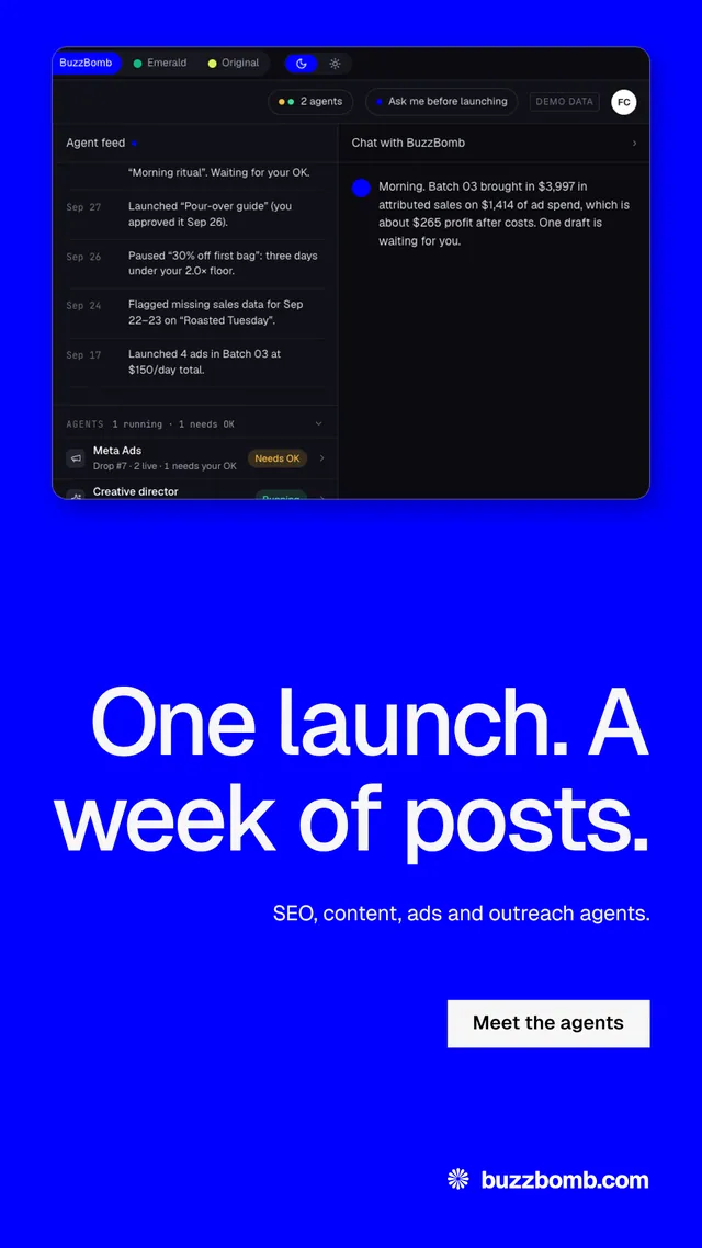Instagram story for BuzzBomb: "One launch. A week of posts.". Split block style, right layout, dark palette in blue.