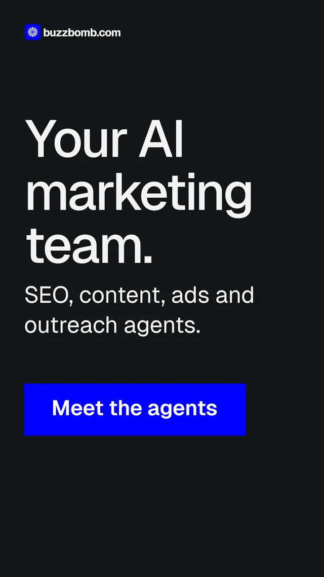 Instagram story for BuzzBomb: "Your AI marketing team.". Swiss style, skeleton layout, dark palette in black, grey.
