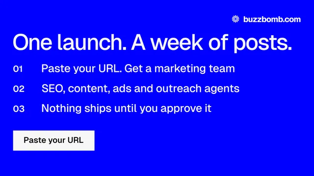 Landscape graphic for BuzzBomb: "One launch. A week of posts." Swiss style, numbered layout, dark palette in blue.