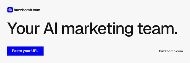 X header for BuzzBomb: "Your AI marketing team." Swiss style, poster layout, light palette in white, grey, blue.