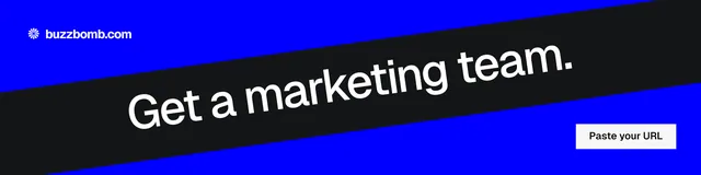 LinkedIn banner for BuzzBomb: "Get a marketing team." Split block style, diagonal layout, dark palette in blue, black, grey.