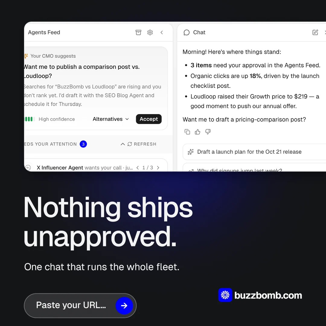 Instagram post for BuzzBomb: "Nothing ships unapproved." Agentic glass style, bottom layout, light palette in white, black, grey.
