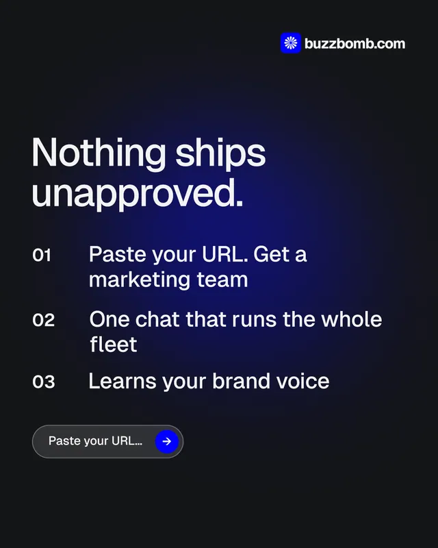 Instagram portrait post for BuzzBomb: "Nothing ships unapproved." Agentic glass style, numbered layout, dark palette in black, blue, grey.