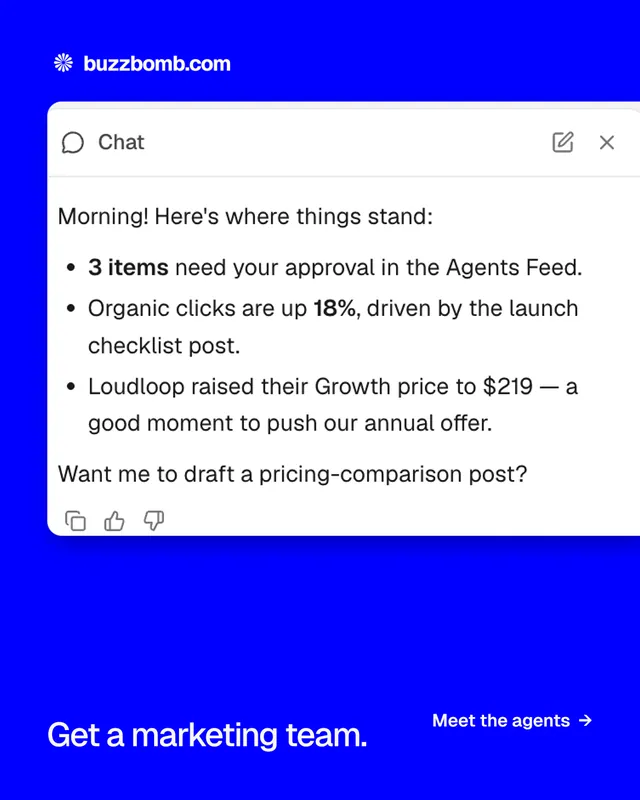 Instagram portrait post for BuzzBomb: "Get a marketing team." Split block style, image led layout, light palette in blue, white.