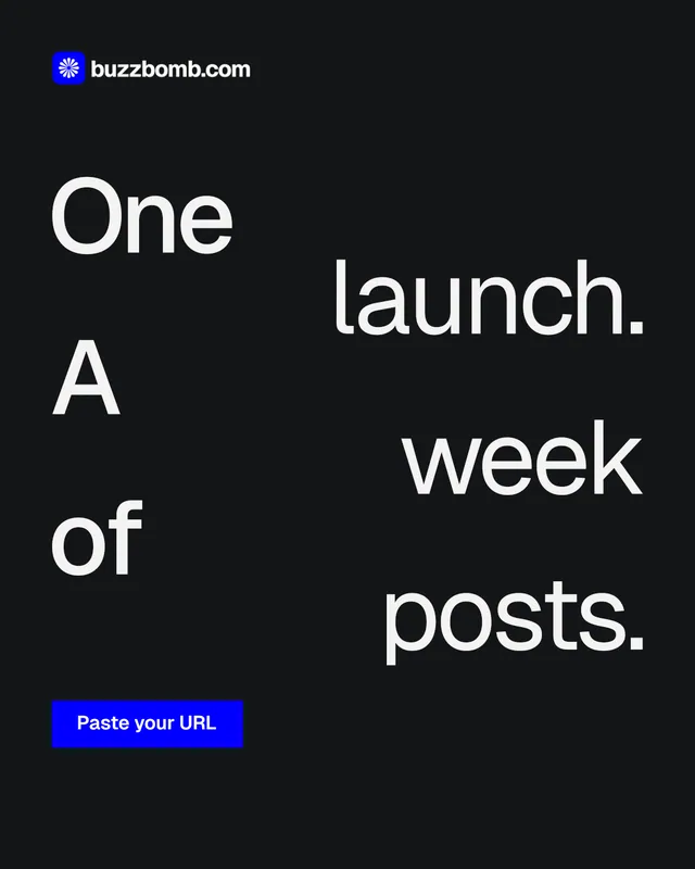 Instagram portrait post for BuzzBomb: "One launch. A week of posts." Swiss style, stacked layout, dark palette in black, grey.