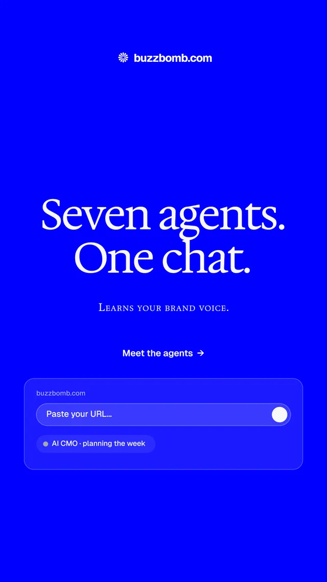 Instagram story for BuzzBomb: "Seven agents. One chat." Split block style, smallcaps layout, dark palette in blue.