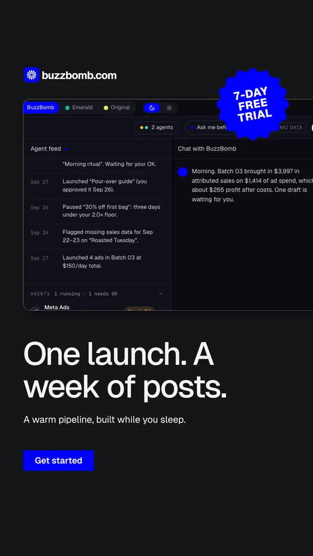 Instagram story for BuzzBomb: "One launch. A week of posts." Swiss style, sticker layout, dark palette in black.