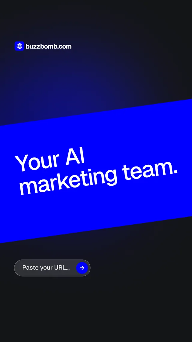 Instagram story for BuzzBomb: "Your AI marketing team." Agentic glass style, diagonal layout, dark palette in black, blue.