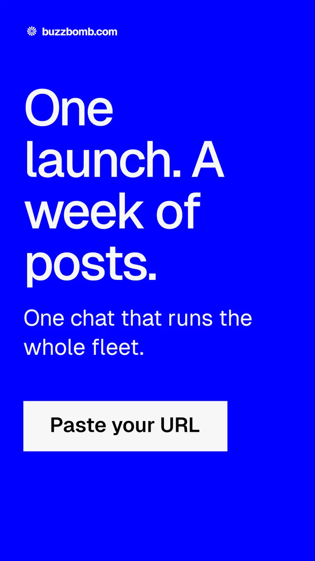 Instagram story for BuzzBomb: "One launch. A week of posts." Swiss style, skeleton layout, dark palette in blue.