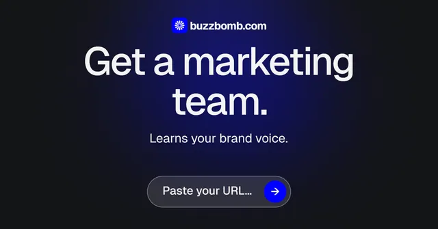 Social ad for BuzzBomb: "Get a marketing team." Agentic glass style, centred layout, dark palette in black, blue.