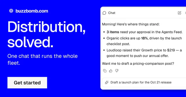 Social ad for BuzzBomb: "Distribution, solved." Swiss style, bottom layout, light palette in blue, white.