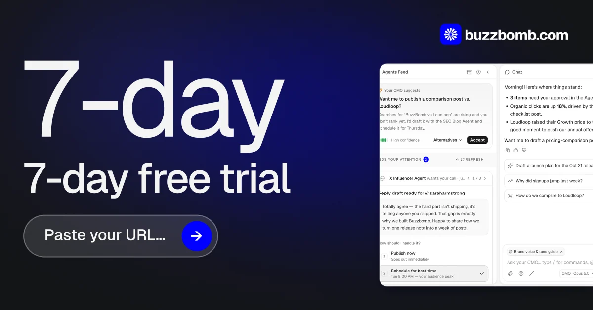 Social ad for BuzzBomb: "Nothing ships unapproved." Agentic glass style, stat layout, dark palette in black, blue, white.