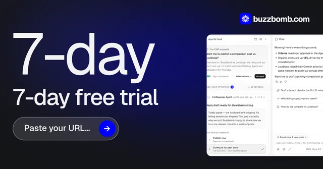 Social ad for BuzzBomb: "Nothing ships unapproved." Agentic glass style, stat layout, dark palette in black, blue, white.