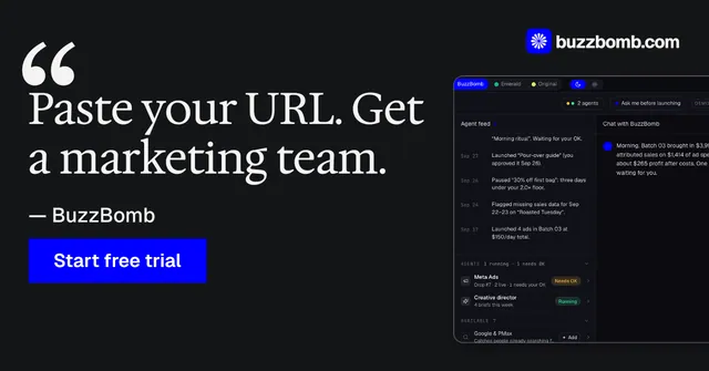 Social ad for BuzzBomb: "Distribution, solved." Swiss style, quote layout, dark palette in black, grey, blue.
