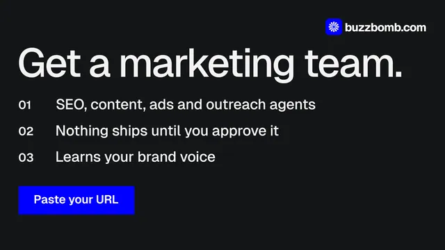 Landscape graphic for BuzzBomb: "Get a marketing team." Swiss style, numbered layout, dark palette in black, grey.