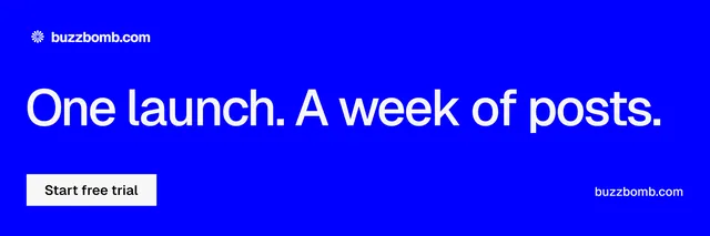 X header for BuzzBomb: "One launch. A week of posts." Swiss style, poster layout, dark palette in blue.