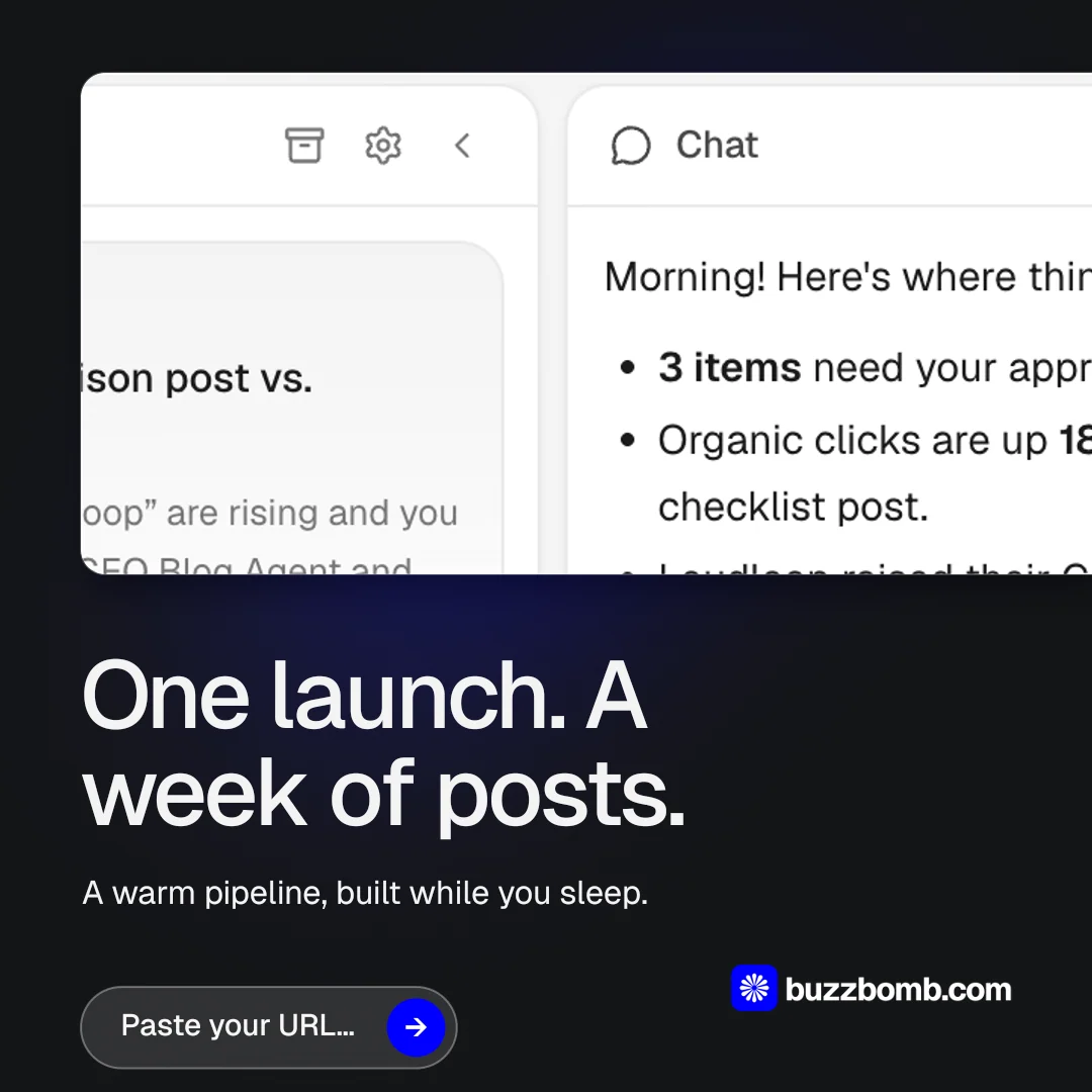 Instagram post for BuzzBomb: "One launch. A week of posts." Agentic glass style, bottom layout, light palette in white, black, grey.