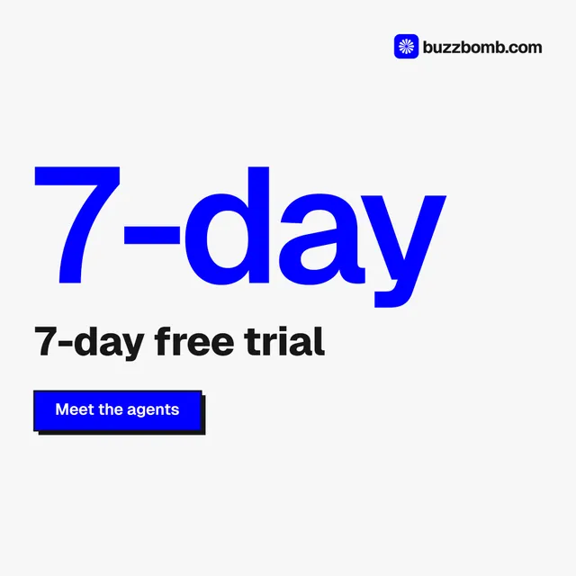 Instagram post for BuzzBomb: "Your AI marketing team." Brutalist style, stat layout, light palette in white, blue.