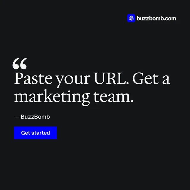 Instagram post for BuzzBomb: "Paste your URL." Swiss style, quote layout, dark palette in black, grey.