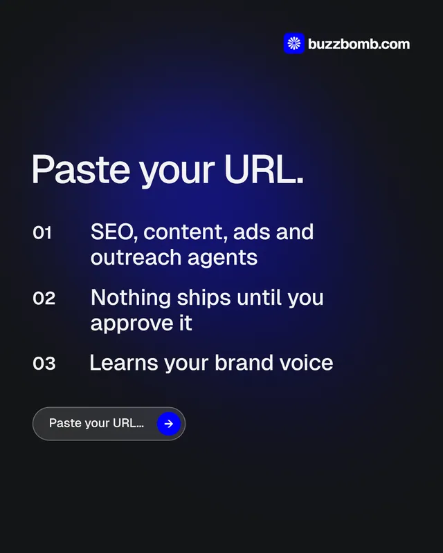 Instagram portrait post for BuzzBomb: "Paste your URL." Agentic glass style, numbered layout, dark palette in black, blue.