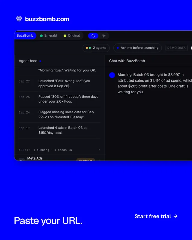 Instagram portrait post for BuzzBomb: "Paste your URL." Split block style, image led layout, dark palette in blue, black.
