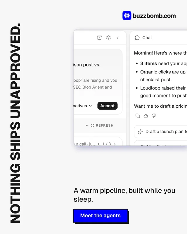 Instagram portrait post for BuzzBomb: "Nothing ships unapproved." Brutalist style, vertical layout, light palette in white, grey.